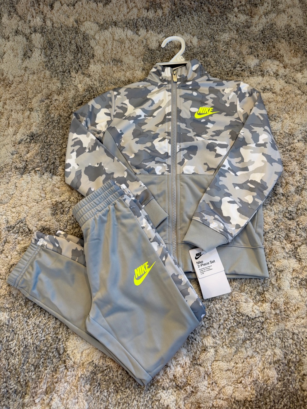 Nike Kids Gray Camo Track Jacket and Pants Set with Neon Yellow Logo